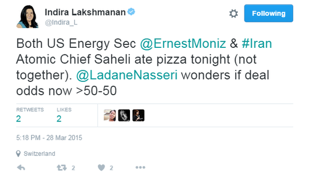 Indira Lakshmanan tweet saying: "Both US Energy Sec @ErnestMoniz & #Iran Atomic Chief Saheli ate pizza tonight (not together). @LadaneNasseri wonders if deal odd now >50-50