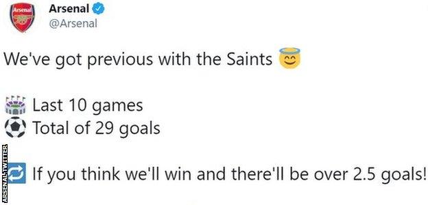 Arsenal promote a betting site on their Twitter feed