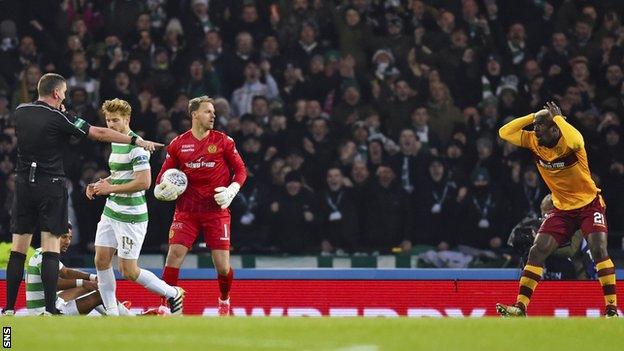 Referee Craig Thomson awards a penalty in the 2017 Scottish League Cup final