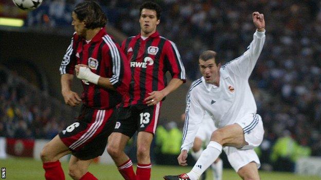 Zinedine Zidane scores for Real Madrid against Bayer Leverkusen in 2002