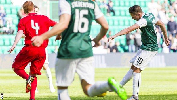 Hibernian midfielder Scott Allan scoring against Montrose