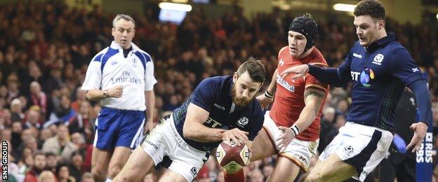 Tommy Seymour scores a try for Scotland against Wales