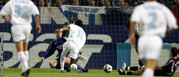 Didier Drogba scores versus Newcastle for Marseille in 2004