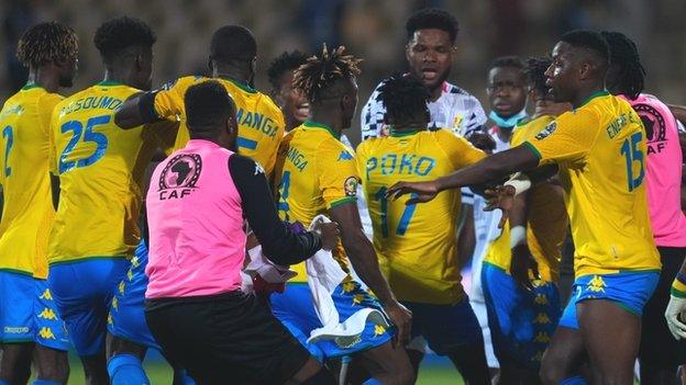 A melee after Ghana's 1-1 draw against Gabon at the Africa Cup of Nations