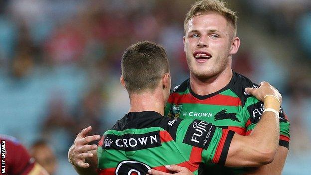 Thomas Burgess celebrates South Sydney's victory over Wigan