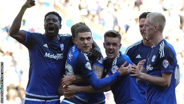 Cardiff City celebrate Stuart O'Keefe's goal against Derby