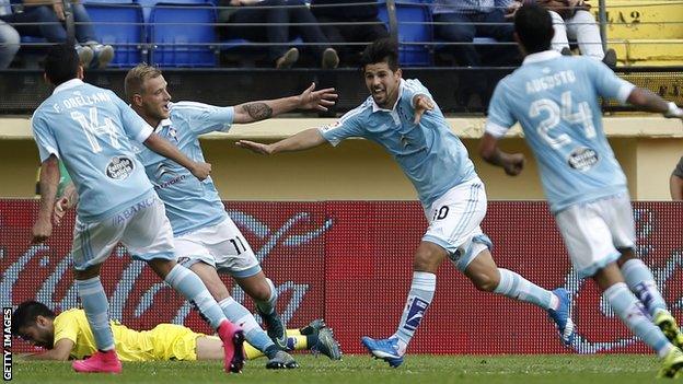 Celta Vigo players celebrate the winning goal