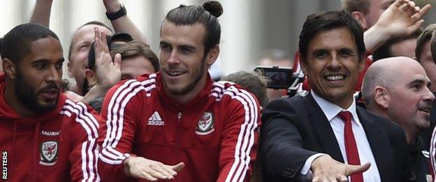 Wales captain Ashley Williams, star forward Gareth Bale and manager Chris Coleman enjoy a homecoming parade in Cardiff