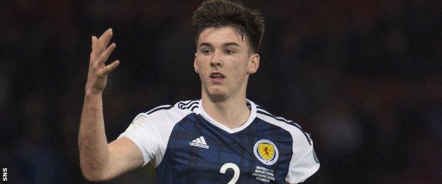 Kieran Tierney in action for Scotland