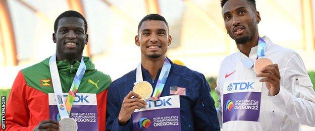 Kirani James (left), Michael Norman (centre) and Hudson-Smith filled the 400m podium