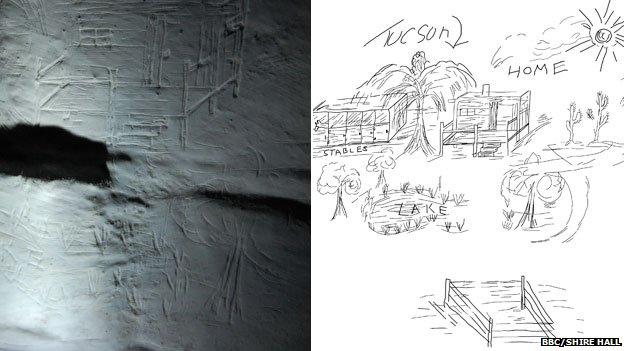 Etchings on a cell and a sketch of the etchings