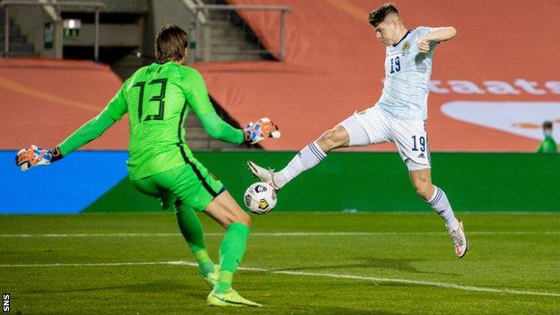 Scotland's Kevin Nisbet scores against Netherlands