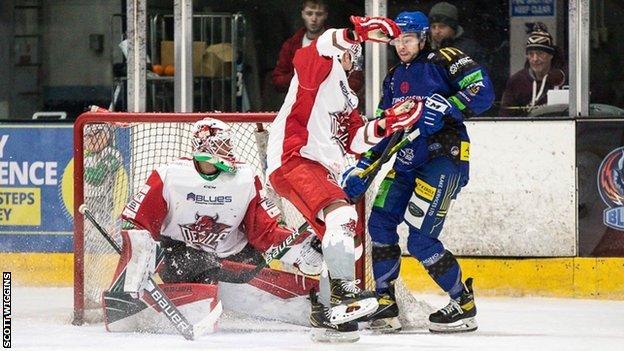 Cardiff Devils net minder Mac Carruth makes one of his 31 saves against Coventry Blazees