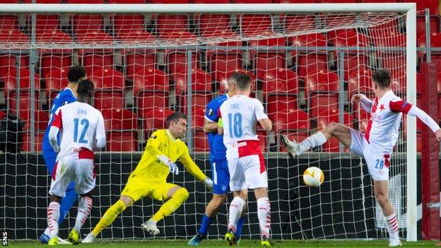 Rangers' Allan McGregor saves from Slavia Prague's Luka Masopust