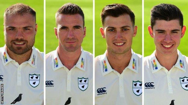 The 10 Northamptonshire wickets were shared between Worcestershire's seamers (from left): Joe Leach (3-36), Jack Shantry (3-54), Ed Barnard (2-50) and Josh Tongue (2-62)