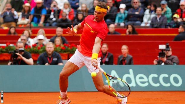 Spain's Rafael Nadal plays a forehand shot during his win in the Davis Cup quarter-finals