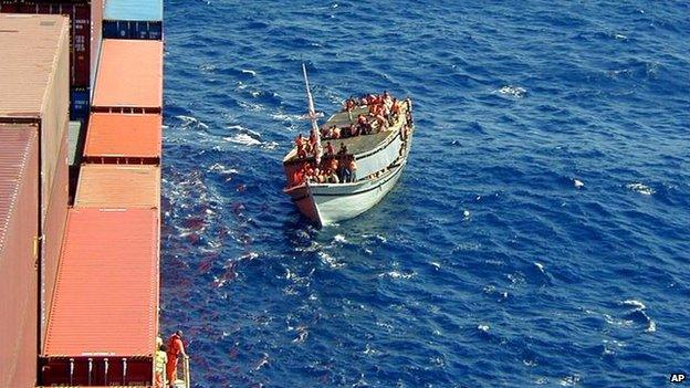 The stranded Indonesian ferry carrying more than 400 refugees, comes alongside the Norwegian Cargo ship Tampa before they were rescued off Christmas Island