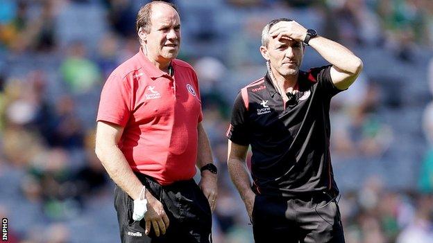 Feargal Logan and Brian Dooher at Croke Park during the All-Ireland semi-final against Kerry