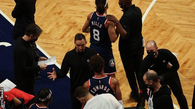 Brooklyn coach Steve Nash talks to his team