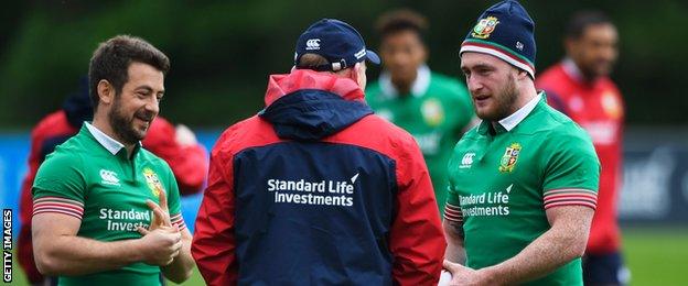 Greig Laidlaw and Stuart Hogg at the British and Irish Lions pre-tour training camp in Wales