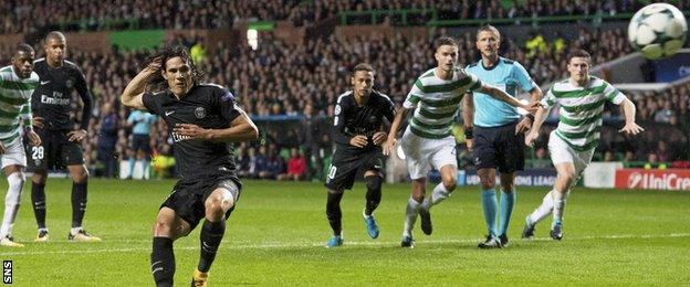 Edinson Cavani scores a penalty for Paris St-Germain against Celtic