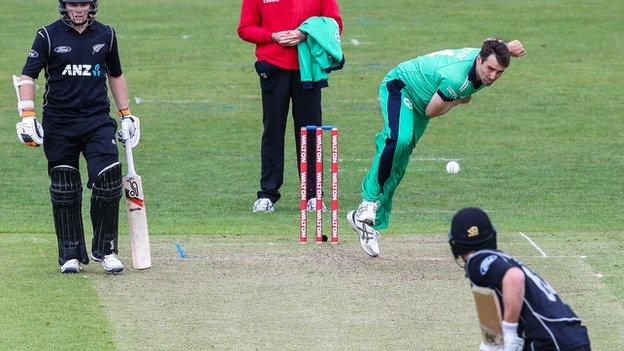 Ireland's Tim Murtagh sends down a delivery during Sunday's Tri-Nation against the Black Caps