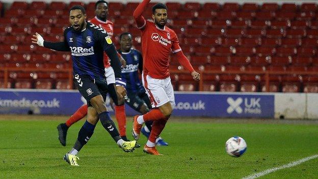 Britt Assombalonga scores Middlesbrough's first goal against Nottingham Forest