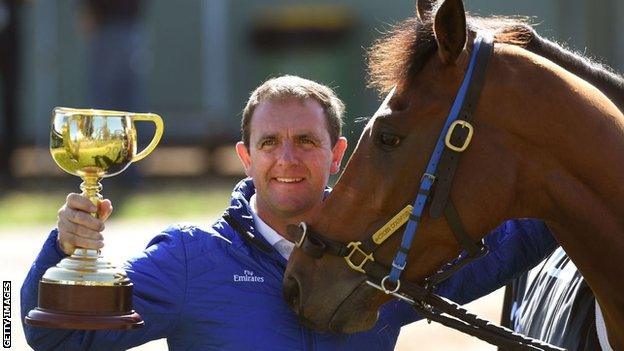 Cross Counter's trainer Charlie Appleby with the Melbourne Cup