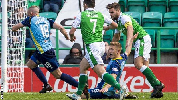 Docherty was fouled for an Accies penalty in their 3-1 victory at Hibs on Saturday