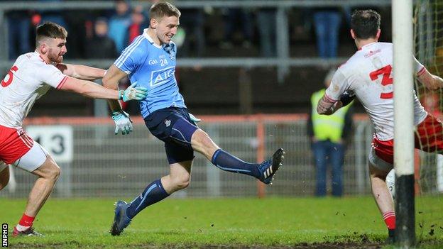 Eoghan O'Gara scores Dublin's second goal against Tyrone in Saturday night's Football League match