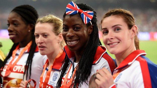 Great Britain women's 4x400m relay team (from right), Seren Bundy-Davies, Christine Ohuruogu, Eilidh Child and Anyika Onuora celebrate with their bronze medals