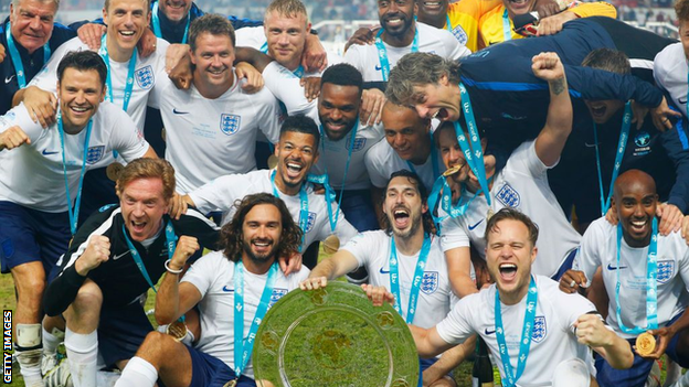 England celebrate winning Soccer Aid in 2018