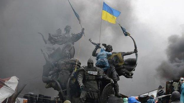 Anti-government protesters clash with police in Independence square, on February 20, 2014 in Kiev