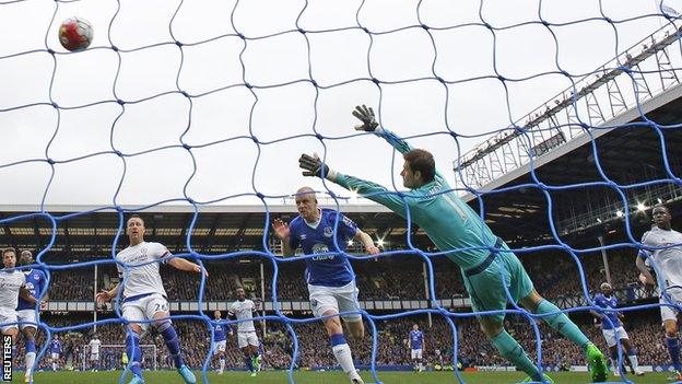 Everton forward Steven Naismith scores the opener against Chelsea