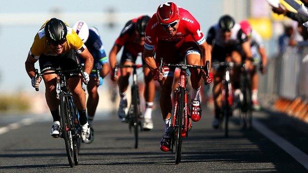 Alexander Kristoff of Norway beats Mark Cavendish of Great Britain