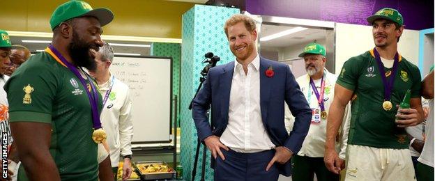 The Duke of Sussex pays a congratulatory visit to the Springboks dressing room