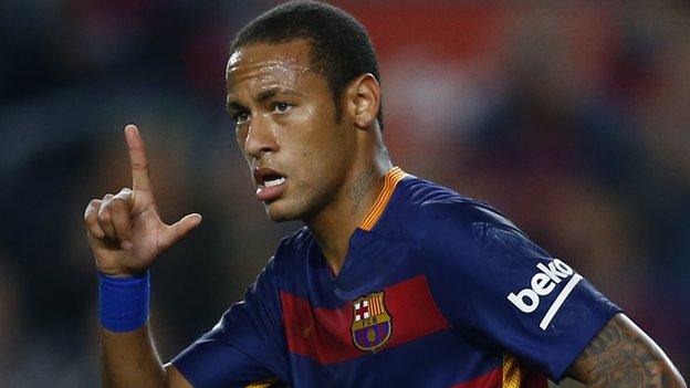 Neymar celebrates scoring a penalty for Barcelona against Rayo Vallecano