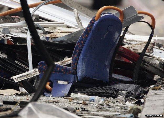 Passenger seats from the bus that was blown up in a suicide bomb attack in Woburn Place near Tavistock Square