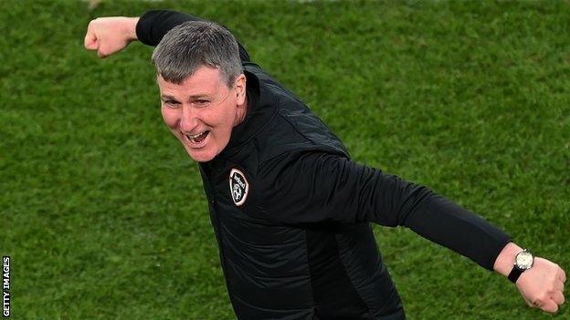 Republic of Ireland boss Stephen Kenny celebrates during the Belgium game