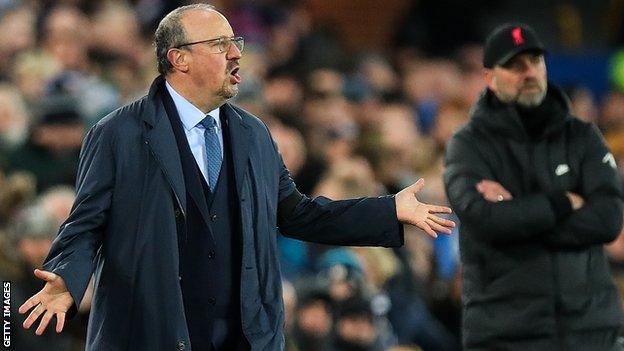 Rafa Benitez pitchside for Everton in the Merseyside derby