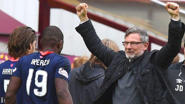 Craig Levein celebrates Hearts' win at Motherwell