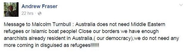 Screen shot of MP Andrew Fraser's Facebook post