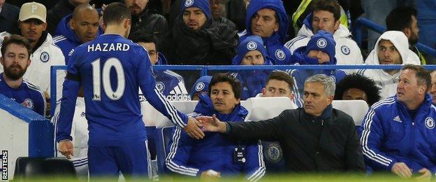 Eden Hazard is congratulated by manager Jose Mourinho after being substituted