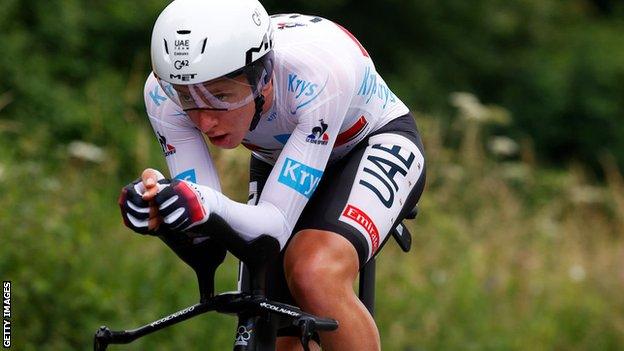 Tadej Pogacar rides on the way to victory on the stage five time trial during the 2021 Tour de France