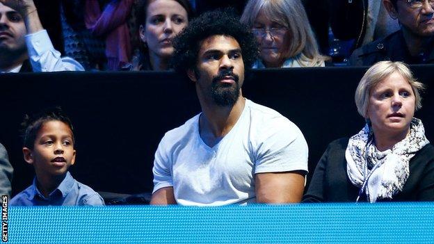 David Haye watches Novak Djokovic play Roger Federer at the O2 Arena