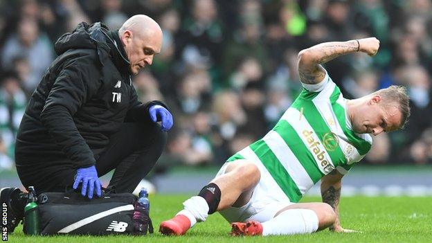 Celtic striker Leigh Griffiths broke down with an injury in the first half