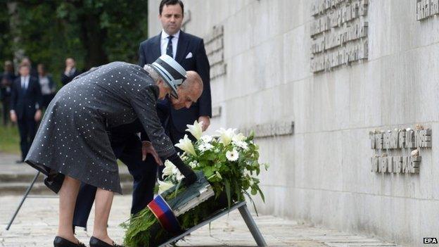 The Queen laid a wreath at the memorial at the former Nazi concentration camp in Bergen-Belsen