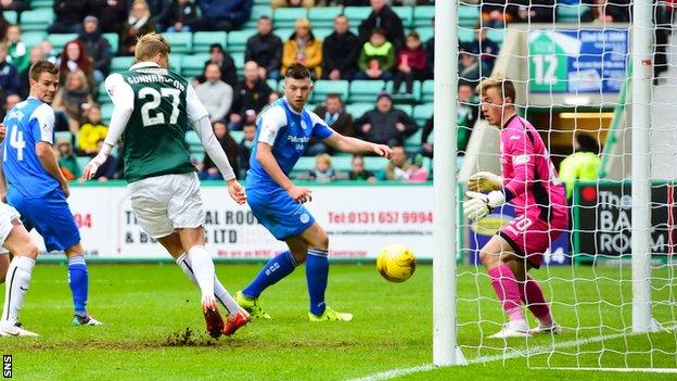 Niklas Gunnarsson scores for Hibernian against Queen of the South