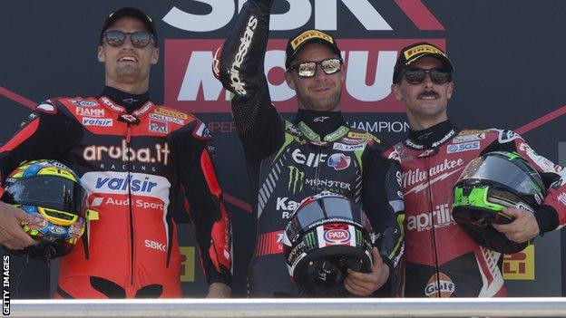 Chaz Davies, Jonathan Rea and Eugene Laverty on the World Superbike podium at Misano in July 2018