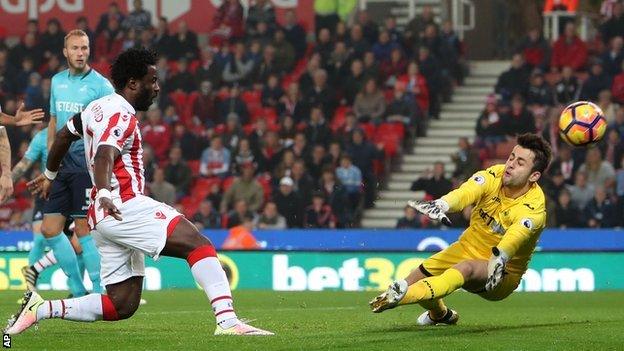 Stoke striker Wilfried Bony scores against Swansea